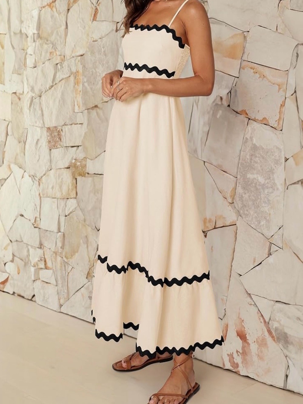Cream Maxi Dress with Black Scallop Trim